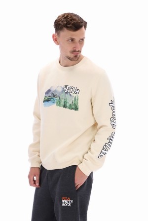 Beige Fila Len Graphic Crew Men Sweatshirts | 3620EQKCR