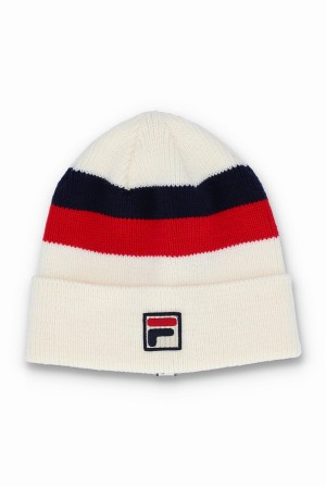 Beige / Red / Black Fila Linus Stripe Flat Knit Men Beanie | 0298TPRQK