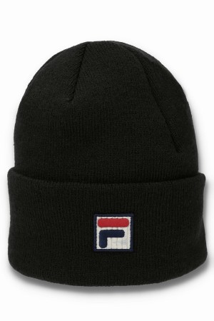 Black Fila Kudos F-Box Flat Knit Men Beanie | 4639LYODH