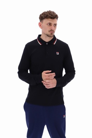 Black / Red Fila Monte Tipped Collar L/S Men Polo Shirts | 2857TLSGP