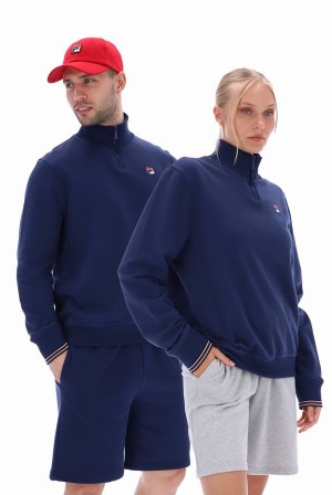 Blue Fila Ramy F Box 1/4 Zip With Yarn Dye Cuff Men Sweatshirts | 8920ZYMDI