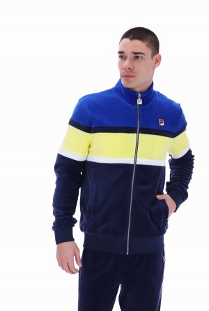 Blue / Yellow Fila Decker Colour Blocked Velour Men Track Top | 9360VHPDQ