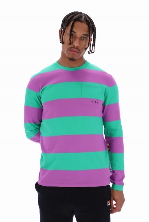 Deep Mint / Purple Fila Morley Oversized Stripe Long Sleeved Pocket Women T-shirts | 7153BGQWP