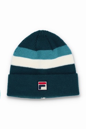 Green / White Fila Linus Stripe Flat Knit Women Beanie | 4725LGEXV