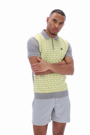 Grey Fila Axel Geo Jacqaurd Men Polo Shirts | 2597ETKGA