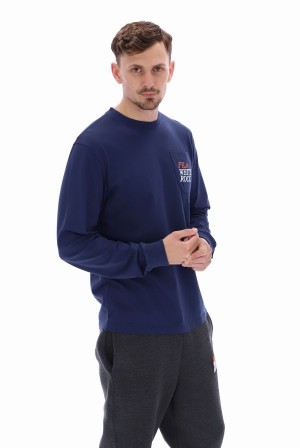 Navy Fila Franklin Graphic Long Sleeve Men T-shirts | 2186OHCNT