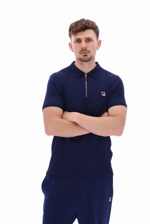 Navy Fila Rufus Textured Stripe Men Polo Shirts | 2486DOLKZ