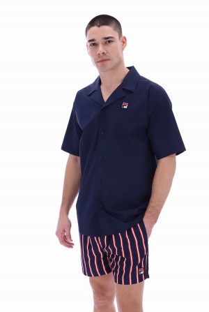 Navy Fila Soren Button Up Men T-shirts | 2031HFIOQ