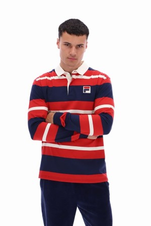 Navy / Red Fila Matteo Striped Rugby Men T-shirts | 1574CADTP