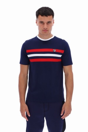 Navy / Red / White Fila Justin Colour Blocked Men T-shirts | 1825PZGTI