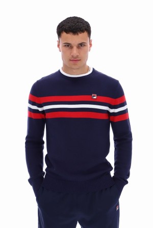 Navy / Red / White Fila Siro Knitted Crew Men Sweatshirts | 5872ZXJFP