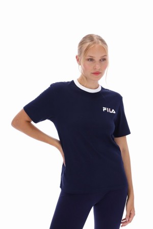 Navy / White Fila Pria Women T-shirts | 0897ICNPL