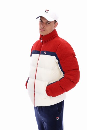 Red / White Fila Rowan Corduroy Mix Colour Block Puffer Men Jackets | 9560SUPDF