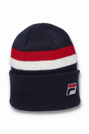 Red / White / Navy Fila Linus Stripe Flat Knit Men Beanie | 5931HVZNU