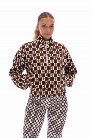 White / Grey Fila Marla Checkerboard Print Polar Fleece Women Jackets | 0734OANCB