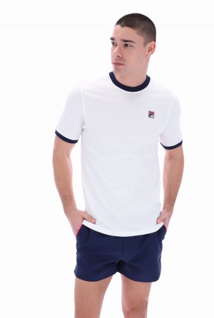 White / Navy Fila Marconi Essential Ringer Men T-shirts | 8590PIBCQ