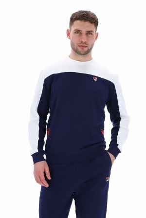 White / Navy Fila Matt Colour Block Men Sweatshirts | 9284KMAOY