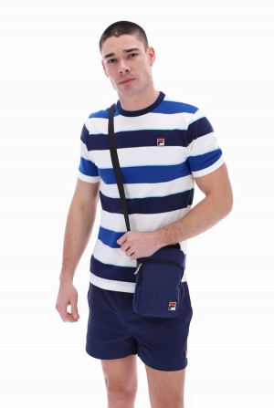 White / Navy / Light Blue / Blue Fila Jaxon Yarn Dye Striped Men T-shirts | 5934RCVDX