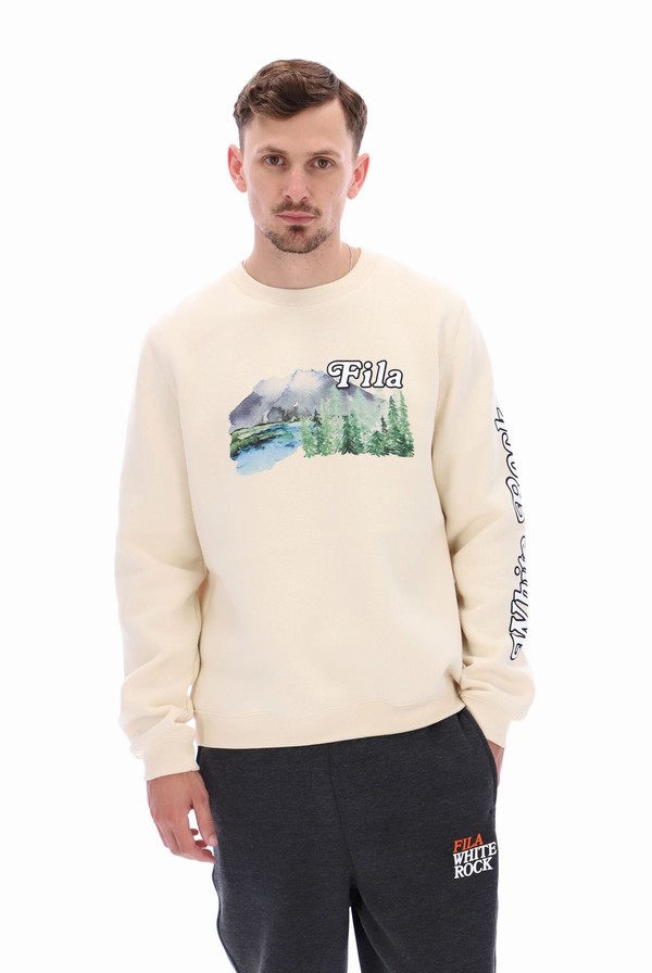 Beige Fila Len Graphic Crew Men Sweatshirts | 3620EQKCR