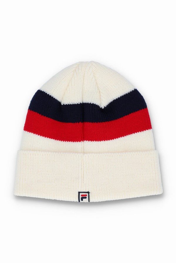 Beige / Black / Red Fila Linus Stripe Flat Knit Women Beanie | 6318VEHZO