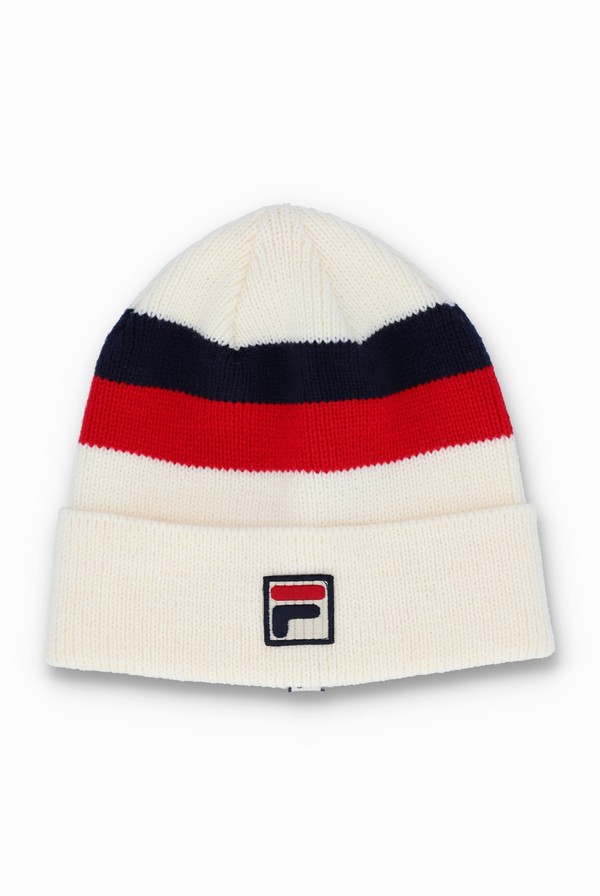 Beige / Black / Red Fila Linus Stripe Flat Knit Women Beanie | 6318VEHZO