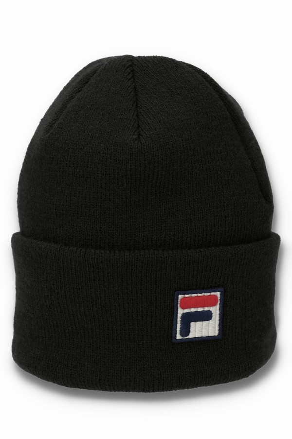 Black Fila Kudos F-Box Flat Knit Men Beanie | 4639LYODH