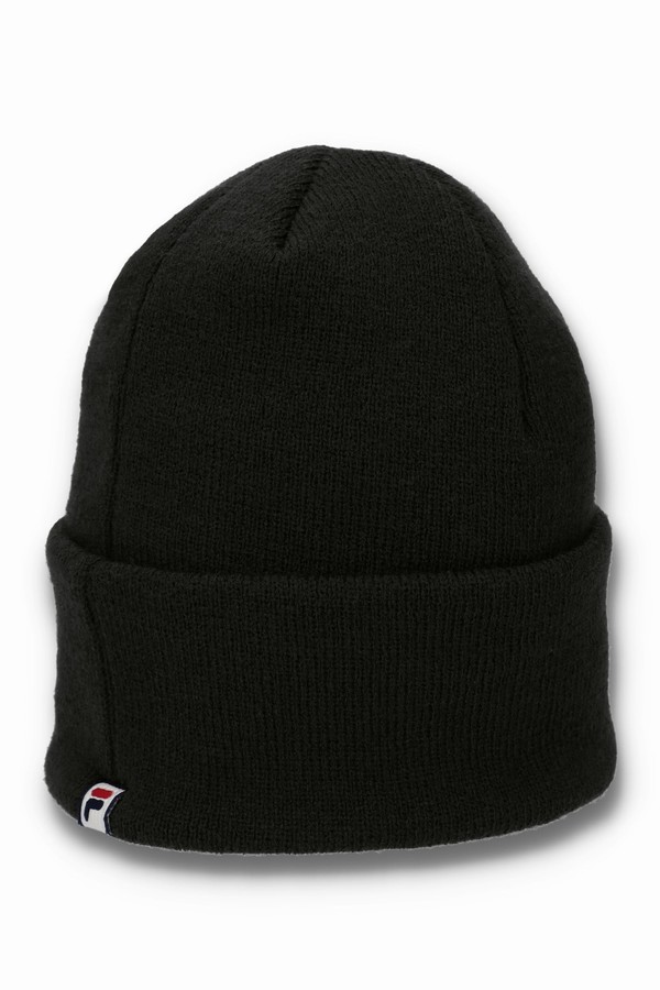 Black Fila Kudos F-Box Flat Knit Men Beanie | 4639LYODH