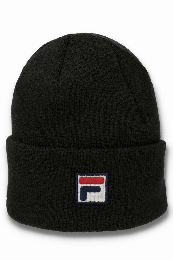 Black Fila Kudos F-Box Flat Knit Men Beanie | 4639LYODH