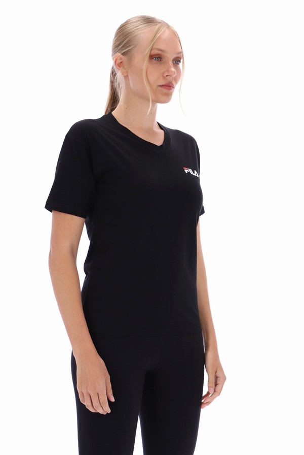 Black Fila Tracey Deep V Neck Loose Fit Women T-shirts | 6013RGZCF