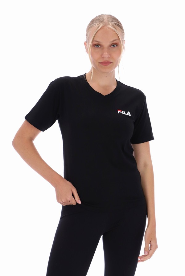 Black Fila Tracey Deep V Neck Loose Fit Women T-shirts | 6013RGZCF