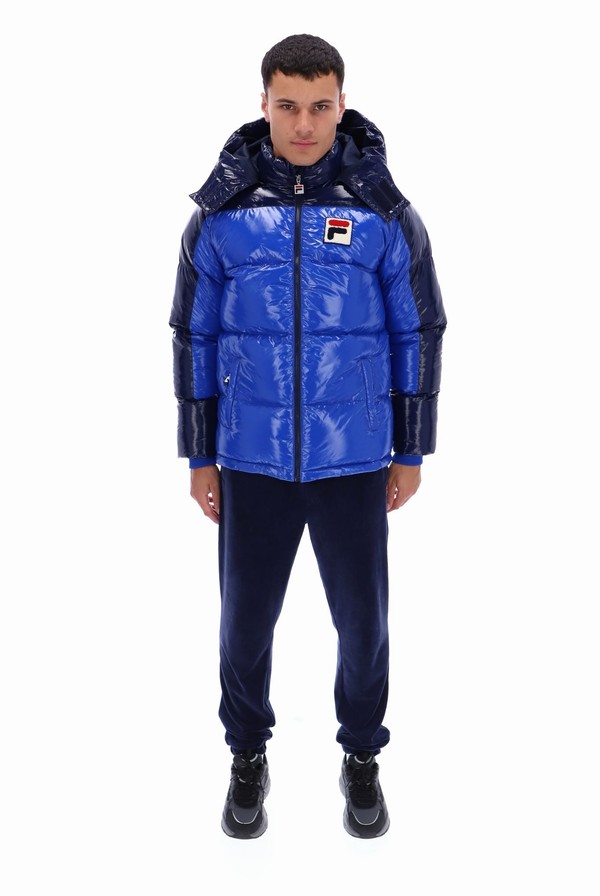 Black / Blue Fila Lionel Oversized Colour Block Puffer Men Jackets | 5460UCXWQ