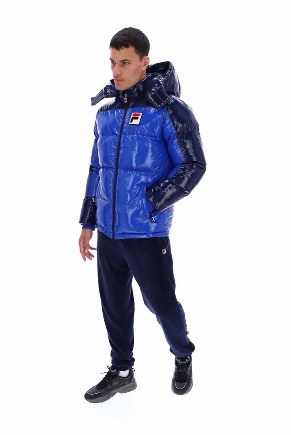 Black / Blue Fila Lionel Oversized Colour Block Puffer Men Jackets | 5460UCXWQ