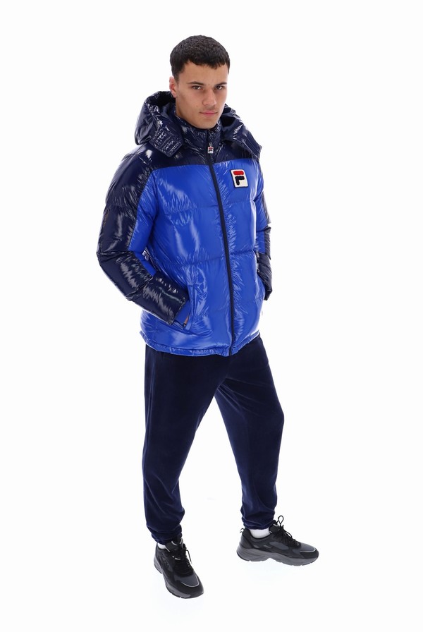 Black / Blue Fila Lionel Oversized Colour Block Puffer Men Jackets | 5460UCXWQ