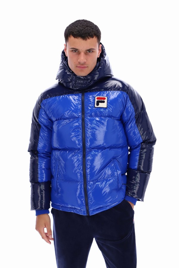 Black / Blue Fila Lionel Oversized Colour Block Puffer Men Jackets | 5460UCXWQ