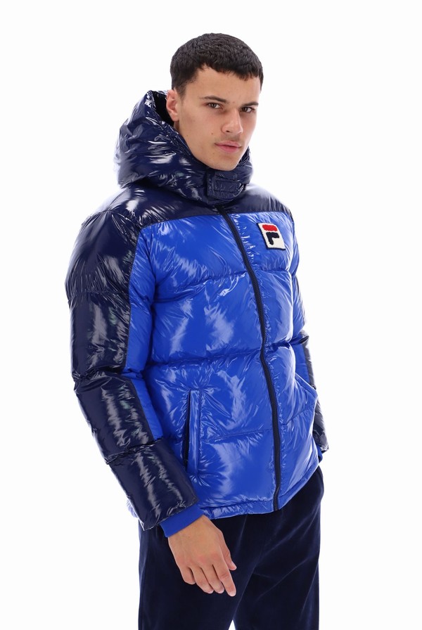 Black / Blue Fila Lionel Oversized Colour Block Puffer Men Jackets | 5460UCXWQ