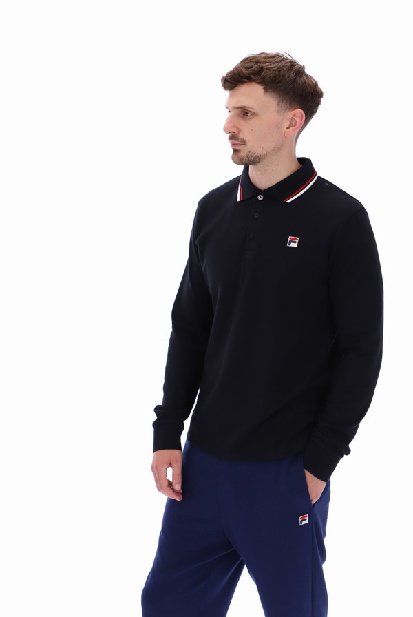 Black / Red Fila Monte Tipped Collar L/S Men Polo Shirts | 2857TLSGP