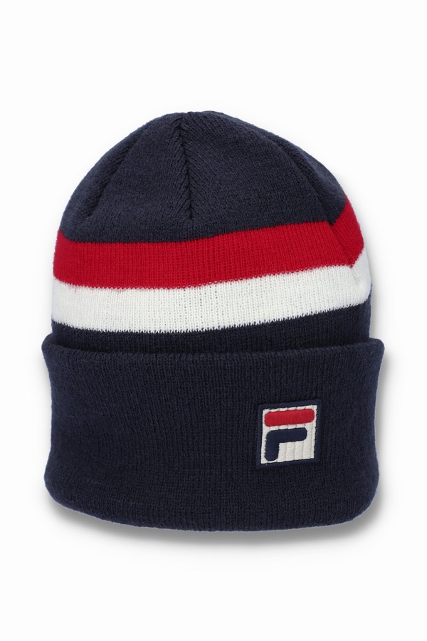 Black / Red / White Fila Linus Stripe Flat Knit Women Beanie | 6203VPDUL