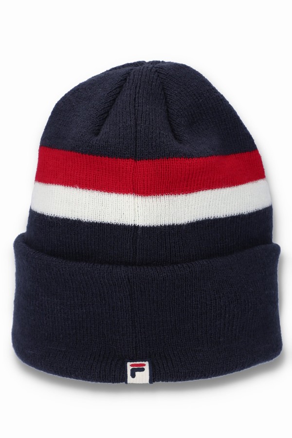 Black / Red / White Fila Linus Stripe Flat Knit Women Beanie | 6203VPDUL