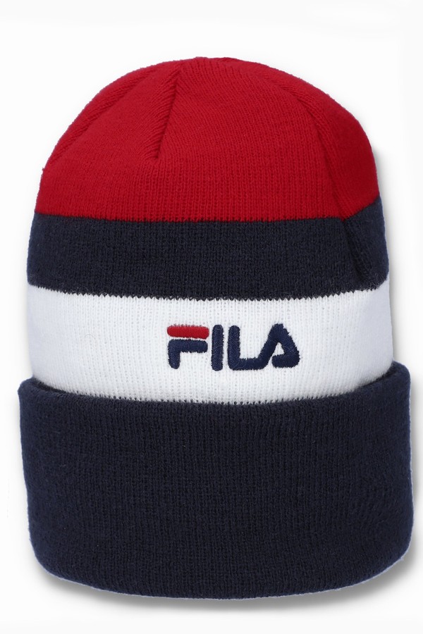 Black / Red / White Fila Thames Flat Knit Turn Up Women Beanie | 4185WBUGJ