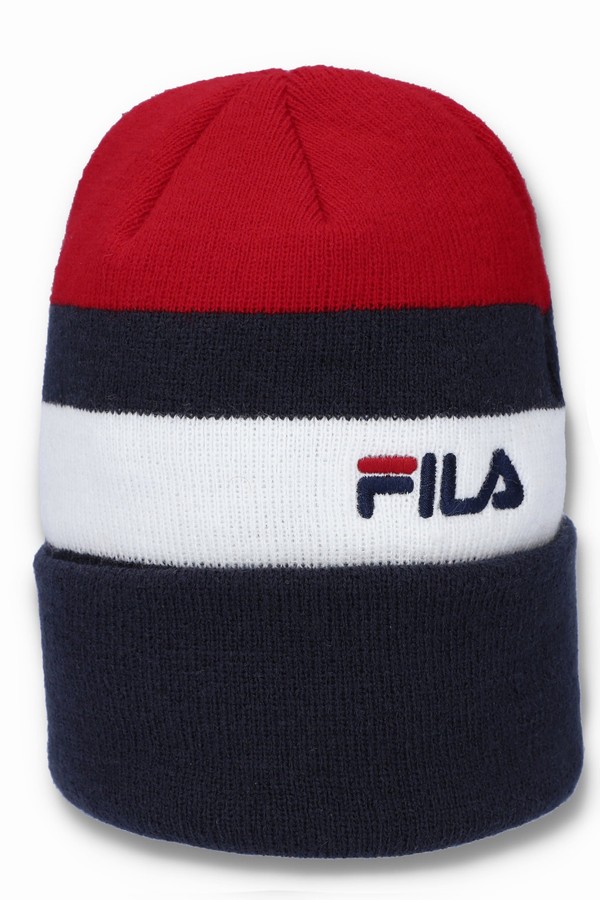 Black / Red / White Fila Thames Flat Knit Turn Up Women Beanie | 4185WBUGJ