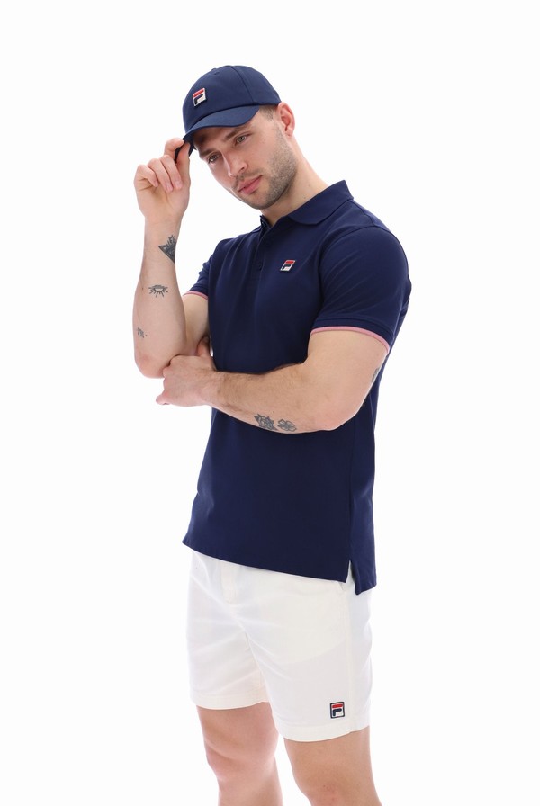 Blue Fila Custom Two Button Tipped Rib Basic Men Polo Shirts | 2893GVMFU