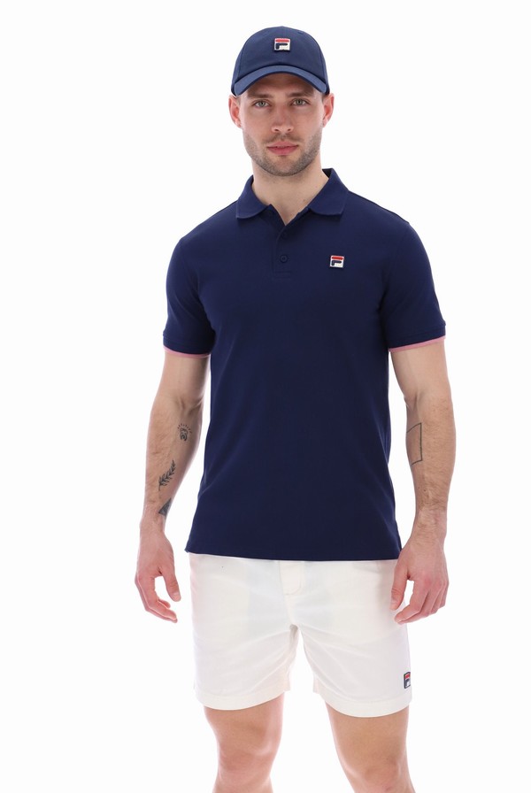 Blue Fila Custom Two Button Tipped Rib Basic Men Polo Shirts | 2893GVMFU