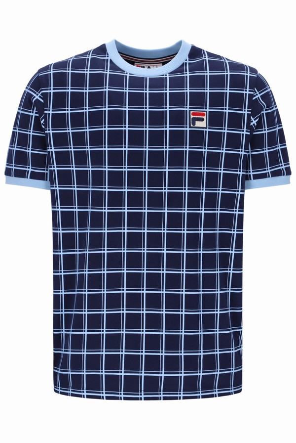 Blue Fila Freddie Check Contrast Rib Men T-shirts | 4510SGILR