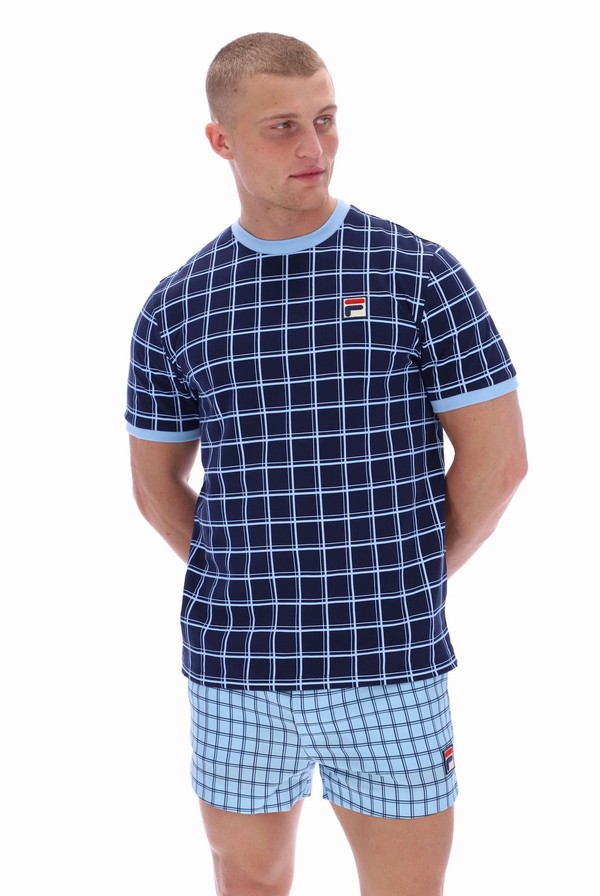 Blue Fila Freddie Check Contrast Rib Men T-shirts | 4510SGILR