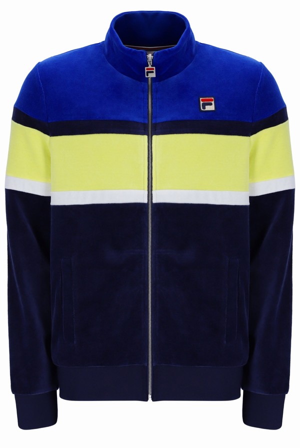 Blue / Yellow Fila Decker Colour Blocked Velour Men Track Top | 9360VHPDQ