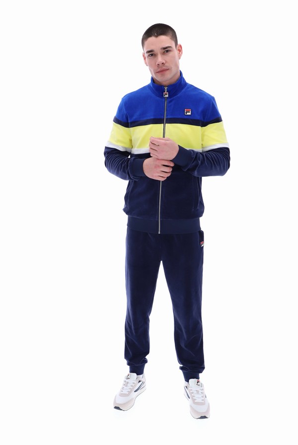 Blue / Yellow Fila Decker Colour Blocked Velour Men Track Top | 9360VHPDQ