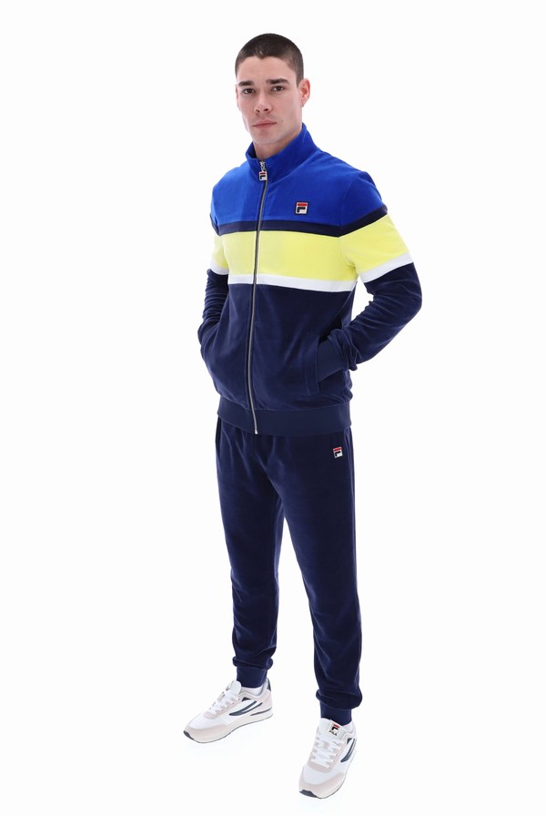 Blue / Yellow Fila Decker Colour Blocked Velour Men Track Top | 9360VHPDQ