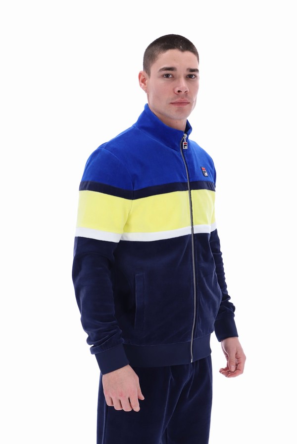 Blue / Yellow Fila Decker Colour Blocked Velour Men Track Top | 9360VHPDQ