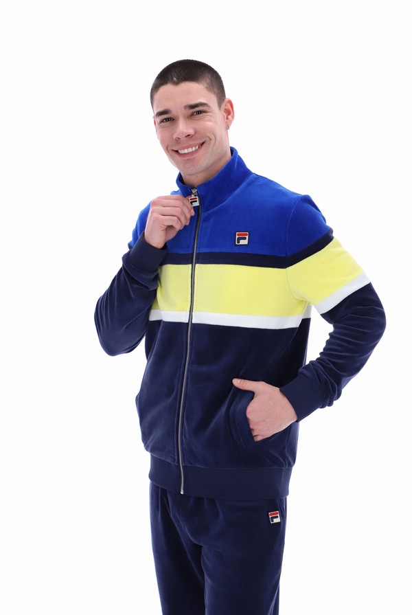 Blue / Yellow Fila Decker Colour Blocked Velour Men Track Top | 9360VHPDQ