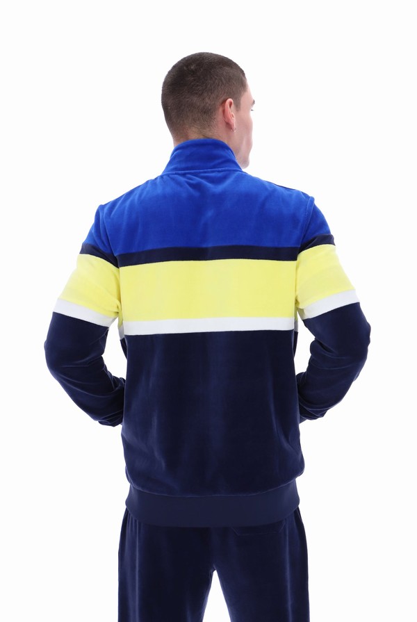 Blue / Yellow Fila Decker Colour Blocked Velour Men Track Top | 9360VHPDQ